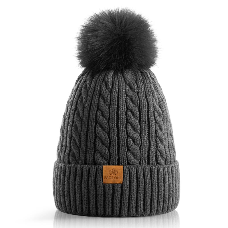 PAGE ONE Women Winter Pom Pom Beanie Hats Warm Fleece Lined,Chunky Trendy Cute Chenille Knit Twist Cap - Image 1